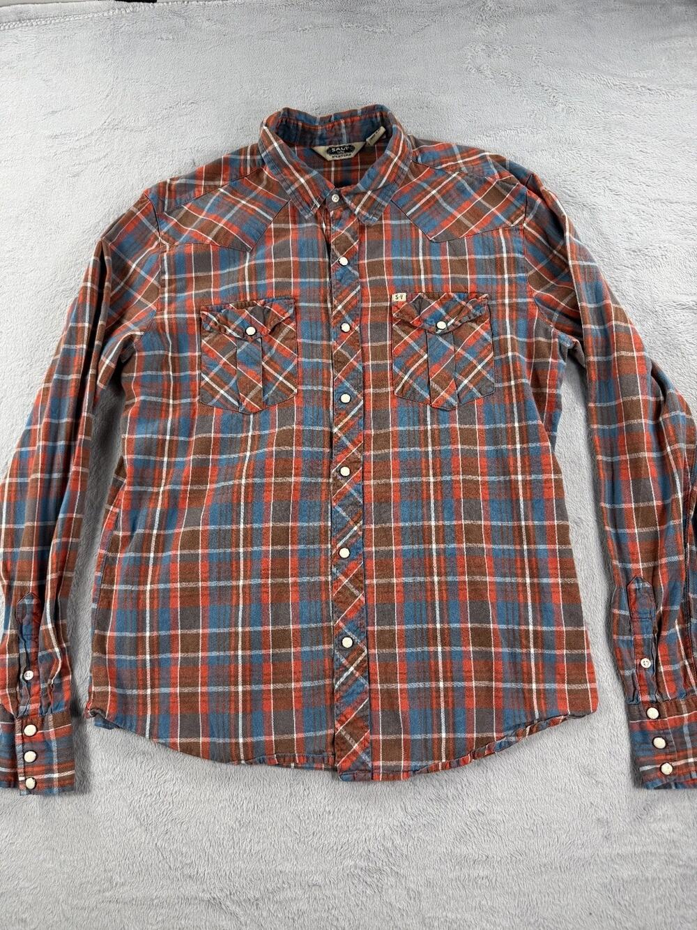 SALT Valley Mens Large Western Shirt Pearl Snap Button Plaid Red Blue Brown